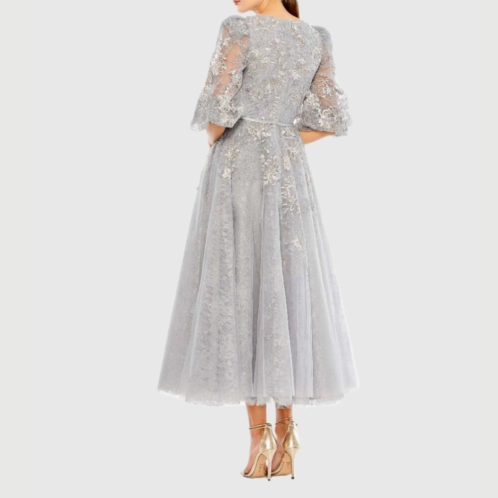 Mac Duggal Size 22 Silver Gray High Neck Puff Sleeve Floral Midi Tea Dress Gown - Picture 6 of 6